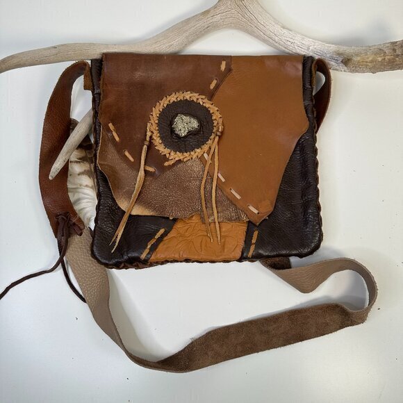 Funky Purse Project Handmade Boho Leather Patchwork Bag w Stone Accent & Fringe - Picture 1 of 15